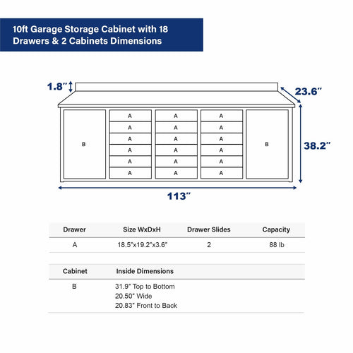 10ft Garage Storage Cabinet with 18 Drawers & 2 Cabinets